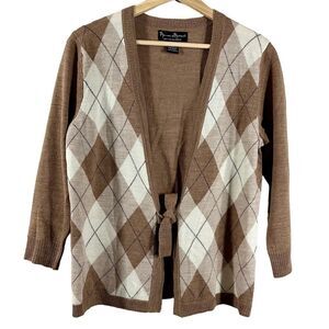 Mercer & Madison Women's Sweater Tan Argyle Academia Merino Wool Cardigan Size M